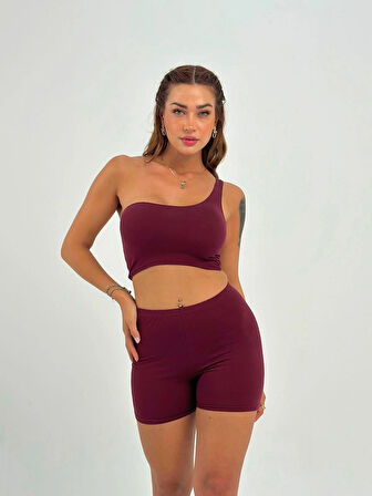 Maison La Femme Kadın Bordo Tek Omuz Detaylı Şort Crop Takım