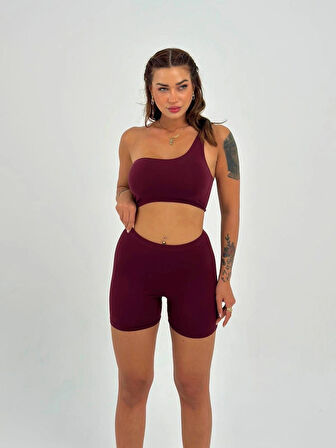 Maison La Femme Kadın Bordo Tek Omuz Detaylı Şort Crop Takım