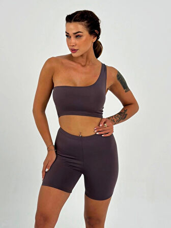 Maison La Femme Kadın Lavanta Rengi Tek Omuz Detaylı Şort Crop Takım