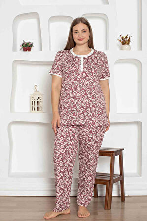Kadın Çiçek Desen Bisiklet Yaka 3 Düğmeli %100 Pamuk Penye İnce Yazlık Kısa Kol Pijama Takımı