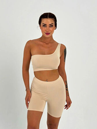 Maison La Femme Kadın Bej Tek Omuz Detaylı Şort Crop Takım