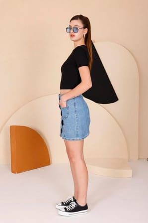 Kadın Siyah Bisiklet Yaka Crop T-shirt - 169