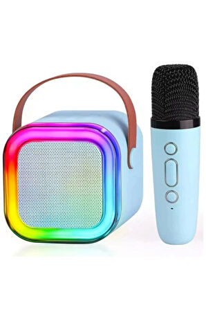 Karaoke Kablosuz Hoparlör Mikrofonlu Rgb Işıklı Bluetooth Speaker Tf Kart/Usb Mavi