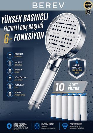 6 Fonksiyonlu Krom Filtreli Duş Başlığı 10 Adet Yedek Filtre Su Tasarruflu Basınçlı Kireç Klor Önleyici