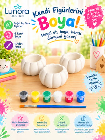Taş Tozu Kabak Saksı Seti – 3 Adet Figür + 6 Renk Boya + Fırça | Hobi & Aktivite Seti