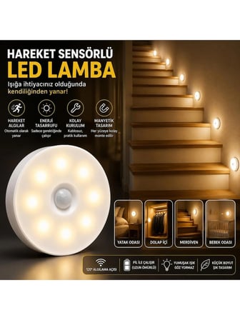 Hili Hareket Sensörlü LED Gece Lambası – Kablosuz Otomatik Merdiven Dolap Koridor Aydınlatma