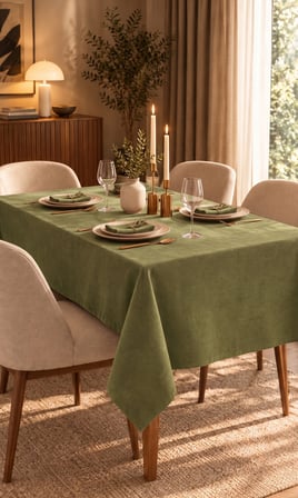 Kadife Dokulu 130x130 Premium Yeşil Renk Düz Polyester Dertsiz Masa Örtüsü