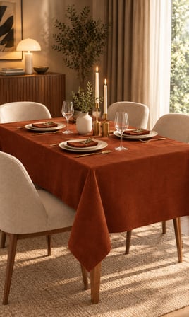Kadife Dokulu 130x130 Premium Kiremit Rengi Düz Polyester Dertsiz Masa Örtüsü
