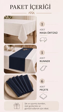 Kadife Dokulu 130x170 Premium Düz Polyester Masa Örtüsü Runner 6'lı Kumaş Peçete Yemek Masası Seti