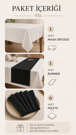 Kadife Dokulu 140x210 Premium Düz Polyester Masa Örtüsü Runner 6'lı Kumaş Peçete Yemek Masası Seti