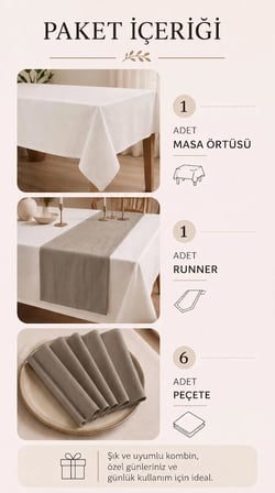 Kadife Dokulu 140x230 Premium Düz Polyester Masa Örtüsü Runner 6'lı Kumaş Peçete Yemek Masası Seti