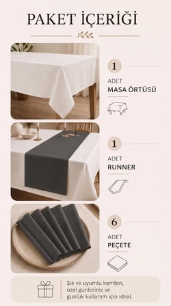 Kadife Dokulu 140x230 Premium Düz Polyester Masa Örtüsü Runner 6'lı Kumaş Peçete Yemek Masası Seti