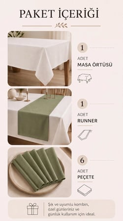 Kadife Dokulu 150x270 Premium Düz Polyester Masa Örtüsü Runner 6'lı Kumaş Peçete Yemek Masası Seti