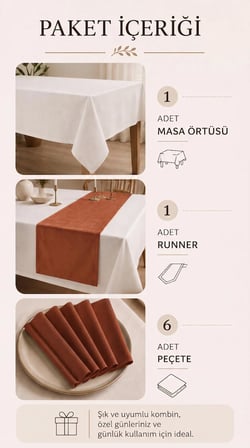 Kadife Dokulu 150x270 Premium Düz Polyester Masa Örtüsü Runner 6'lı Kumaş Peçete Yemek Masası Seti