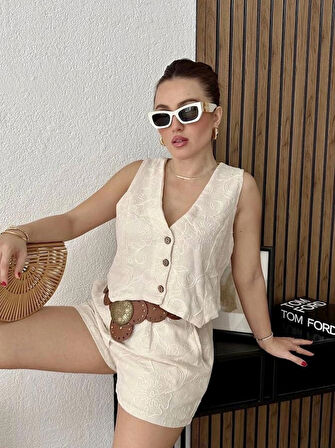 Nakışlı Keten Şort Yelek Ikili Takım Detaylı Işçilik Rahat Kombin