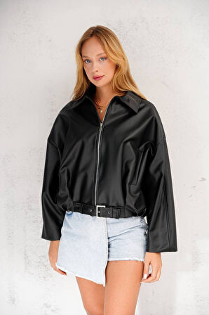 Kemer Detaylı Oversize Deri Ceket - Sezonun İkonu
