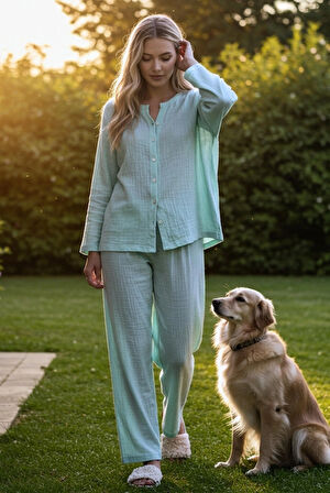 Organik Müslin 2'li Takım - Pijama Takımı - Gömlek Takım Naturel Doğal