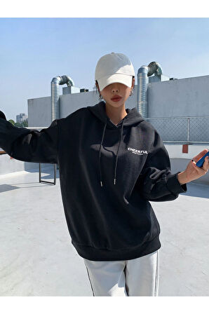 Kadın Siyah Küçük  Baskılı Kapüşonlu Sweatshirt