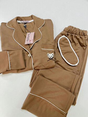 Kahve Rengi Teddy Bear Nakışlı Uzun Kollu Pijama Takımı