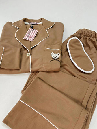Kahve Rengi Teddy Bear Nakışlı Uzun Kollu Pijama Takımı
