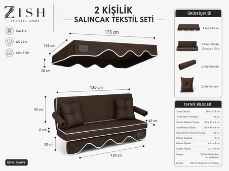 2 Kişilik Bahçe Balkon Salıncağı Tekstil Seti 130x45x8 Cm Minder Ölçüsü Oturak Sırt Minderi ve Tente Takımı Kahverengi, Metal iskelet dahil değildir