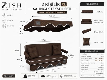 2 Kişilik Bahçe Balkon Salıncağı Tekstil Seti 140x45x8 Cm Minder Ölçüsü Oturak Sırt Minderi ve Tente Takımı Kahverengi, Metal iskelet dahil değildir