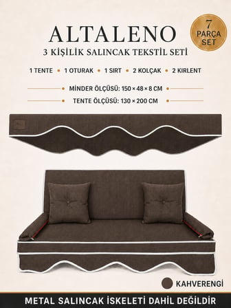 Zish Home ALTALENO Kahverengi 3 Kişilik 150×48 cm Süngerli Bahçe Balkon Salıncak Minderi | Yıkanabilir Kılıflı, Tenteli Keten Kumaş Tekstil Seti | 24 DNS 8 cm Orta Sert Sünger