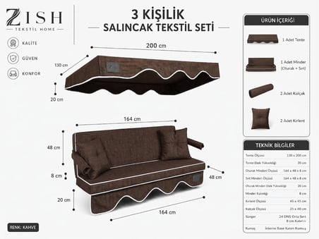  3 Kişilik Bahçe Balkon Salıncağı Tekstil Seti 164x48x8 Cm Minder Ölçüsü Oturak Sırt Minderi ve Tente Takımı Kahve, Metal iskelet dahil değildir