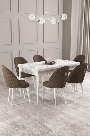 Calvin Beyaz Mermer Desen 80x132 MDF Açılabilir Mutfak Masası Takımı 6  Sandalye