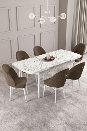 Calvin Beyaz Mermer Desen 80x132 MDF Açılabilir Mutfak Masası Takımı 6  Sandalye