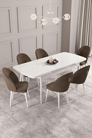 Calvin Beyaz 80x132 MDF Açılabilir Mutfak Masası Takımı 6  Sandalye