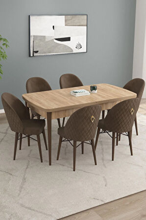 Calvin Meşe Desen 80x132 MDF Açılabilir Mutfak Masası Takımı 6  Sandalye