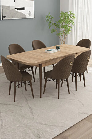 Calvin Meşe Desen 80x132 MDF Açılabilir Mutfak Masası Takımı 6  Sandalye