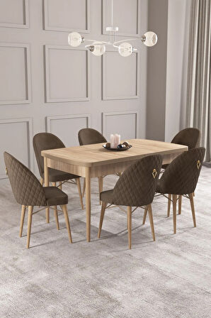 Calvin Meşe Desen 80x132 MDF Açılabilir Mutfak Masası Takımı 6  Sandalye