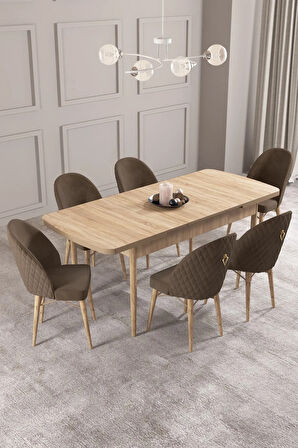 Calvin Meşe Desen 80x132 MDF Açılabilir Mutfak Masası Takımı 6  Sandalye