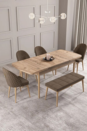 Calvin Atlantik 80x132 MDF Açılabilir Mutfak Masası Takımı 4 Sandalye, 1 Bench