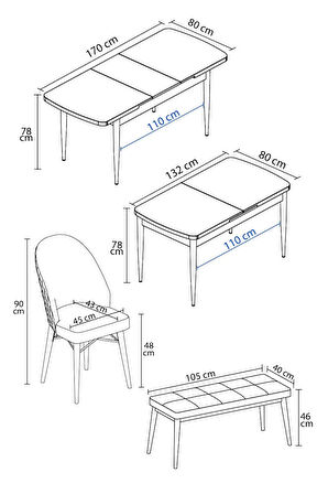 Calvin Atlantik 80x132 MDF Açılabilir Mutfak Masası Takımı 4 Sandalye, 1 Bench