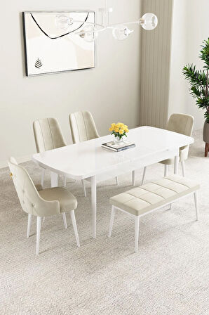 Calvin Barok Desen 80x132 MDF Açılabilir Mutfak Masası Takımı 4 Sandalye, 1 Bench