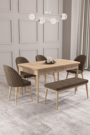 Calvin Meşe Desen 80x132 MDF Açılabilir Mutfak Masası Takımı 4 Sandalye, 1 Bench