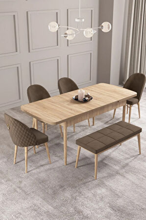 Calvin Meşe Desen 80x132 MDF Açılabilir Mutfak Masası Takımı 4 Sandalye, 1 Bench