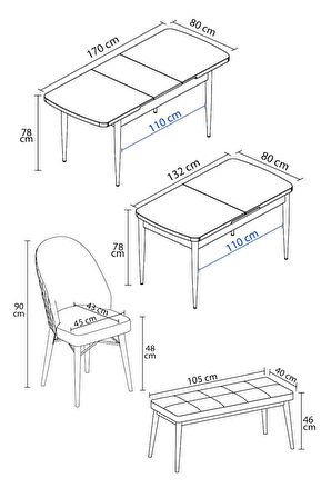 Calvin Meşe Desen 80x132 MDF Açılabilir Mutfak Masası Takımı 4 Sandalye, 1 Bench