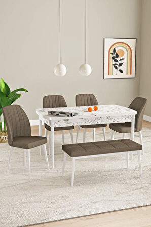Elis Beyaz Mermer Desen 80x132 Açılabilir Masa Takımı 4 Sandalye, 1 Bench