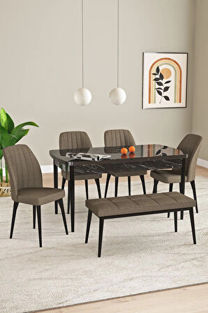 Elis Siyah Mermer Desen 80x132 Açılabilir Masa Takımı 4 Sandalye, 1 Bench