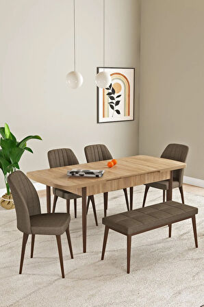Elis Meşe Desen 80x132 Açılabilir Yemek Odası Takımı 4 Sandalye, 1 Bench