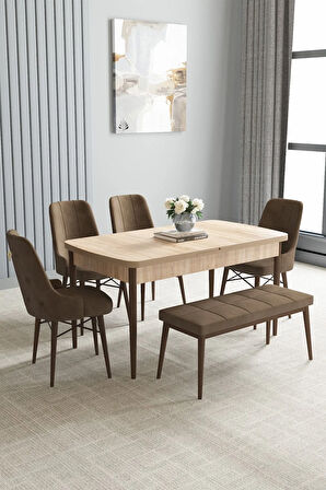 Jusie Meşe Desen 80x132 Açılabilir Yemek Odası Takımı 4 Sandalye, 1 Bench