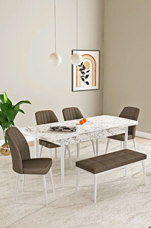 Laris Beyaz Mermer Desen 80 X 132 Benchli Açılabilir MDF Mutfak Masa Takımı 4 Sandalye
