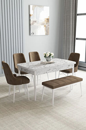 Jusie Beyaz Mermer Desen 80x132 Açılabilir Yemek Odası Takımı 4 Sandalye, 1 Bench