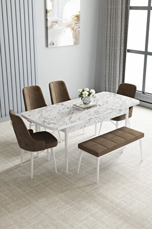 Jusie Beyaz Mermer Desen 80x132 Açılabilir Yemek Odası Takımı 4 Sandalye, 1 Bench