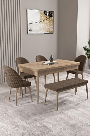 Milas Meşe Desen 80x132 MDF Açılabilir Yemek Masası Takımı 4 Sandalye, 1 Bench