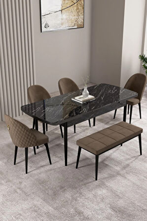 Milas Siyah Mermer Desen 80x132 MDF Açılabilir Yemek Masası Takımı 4 Sandalye, 1 Bench